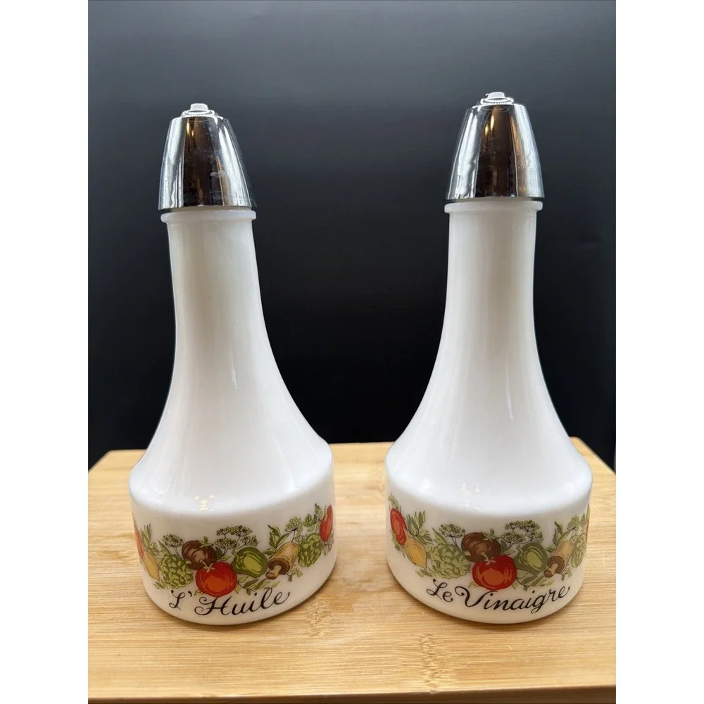 Vintage Gemco Corning Ware SPICE OF LIFE Vinegar and Oil Cruets Milk Glass